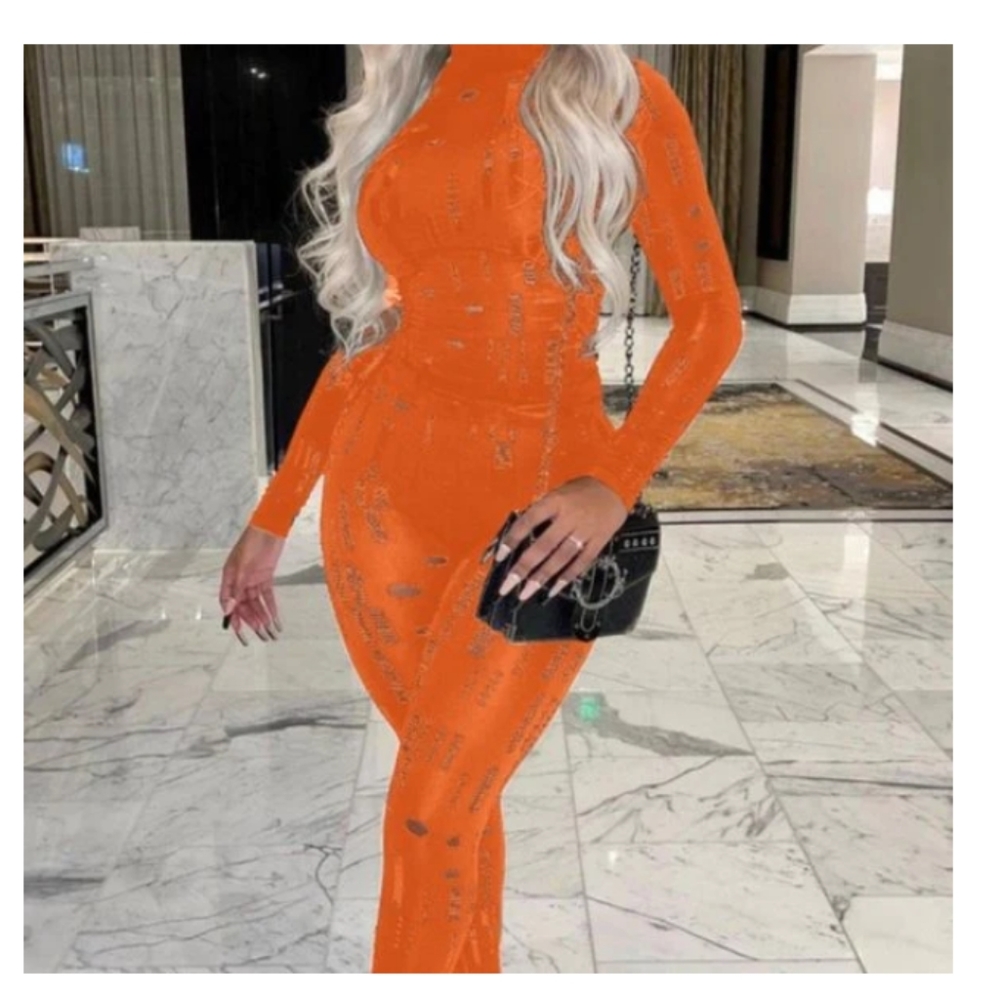 New Orange Peel Distressed Ripped Stretched Torn Mock Neck Bodycon Pant Set M - Picture 9 of 12